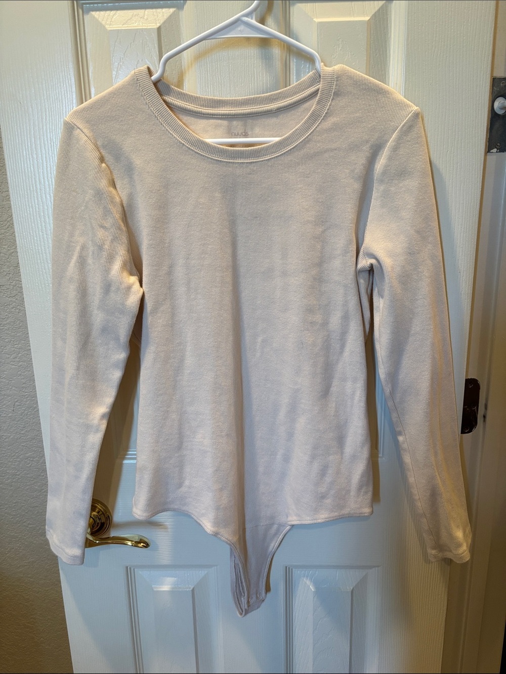 Nuuds Bone Ribbed Long Sleeve Crewneck Bodysuit Thong Snap Base Top size Large